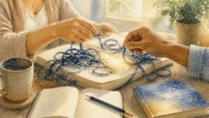 Editorial watercolor illustration for 'Help!I Need Help Untangling The Work Book?' in the Miracles of Mind visual style.