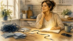 Editorial watercolor illustration for 'Are My Problems Really Already Solved? Britney Shawley' in the Miracles of Mind visual style.
