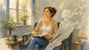 Editorial watercolor illustration for 'Who Am I Really? Understanding A Course in Miracles. Britney Shawley' in the Miracles of Mind visual style.