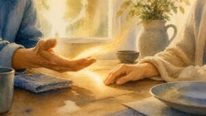 Editorial watercolor illustration for 'What Does Forgiving Others Mean in A Course in Miracles?' in the Miracles of Mind visual style.
