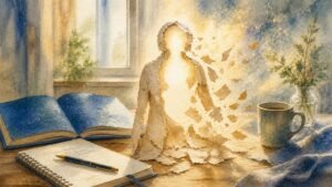 Editorial watercolor illustration for 'If We’re Already Perfect in Spirit, What’s Left to Heal? ACIM' in the Miracles of Mind visual style.