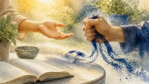 Editorial watercolor illustration for 'What’s the Difference Between Receiving and Taking? | A Course in Miracles' in the Miracles of Mind visual style.