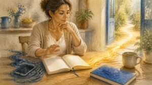 Editorial watercolor illustration for 'What Are the Rules for Decision in A Course in Miracles?' in the Miracles of Mind visual style.