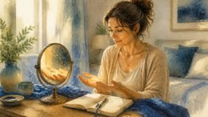 Editorial watercolor illustration for 'How Do I Look Upon My Holiness? A Course in Miracles' in the Miracles of Mind visual style.