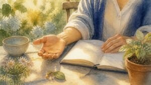 Editorial watercolor illustration for 'Where Does Gratitude Fit Into God’s Plan? A Course in Miracles' in the Miracles of Mind visual style.