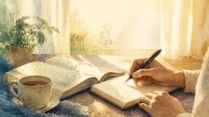 Editorial watercolor illustration for 'What Morning Practice Helps Me Feel Connected to God? ACIM' in the Miracles of Mind visual style.