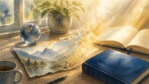 Editorial watercolor illustration for 'What Did God Create? A Course in Miracles Answer' in the Miracles of Mind visual style.