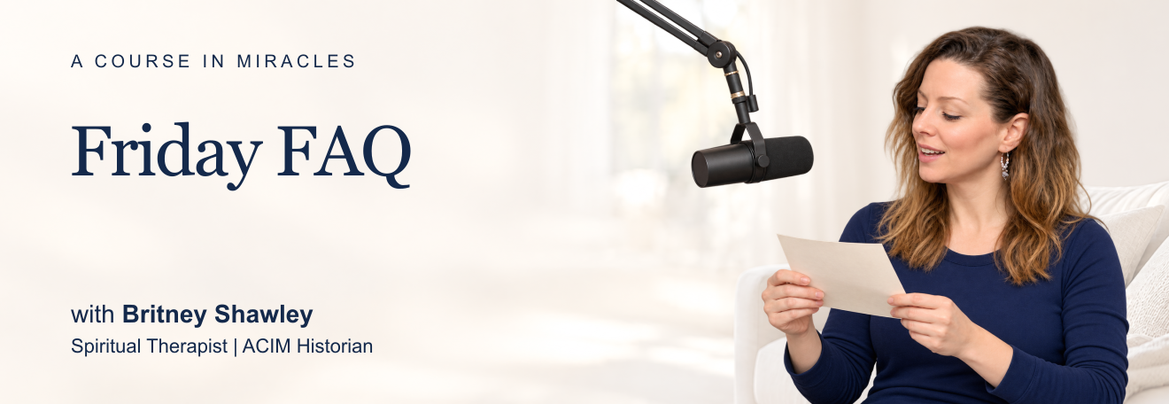 Friday FAQ with Britney Shawley. Britney in navy reads a letter aloud beside a suspended podcast microphone, in a clean soft warm home setting.