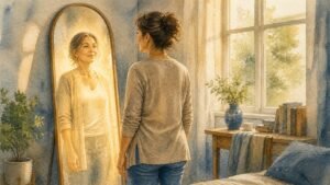 A woman sees a warm luminous reflection in a mirror, suggesting spiritual identity.