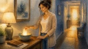 A person releases a folded note into a glowing bowl as light guides the next steps down a hallway.