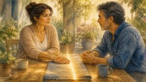 Two adults sit at a table with a soft illuminated boundary between them.