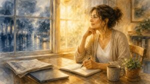 A person journals beside a window while a stormy outside scene softens into warm light.