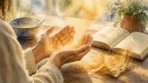 Open hands receive warm light beside an open book and soft dissolving paper.