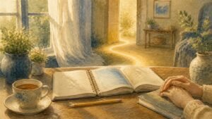 Open workbook and journal with warm light leading toward a peaceful doorway.